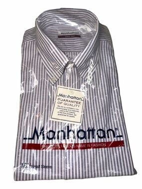 NWT Manhattan Men’s Blue & White Striped Button-Down Short Sleeve Shirt